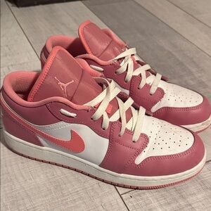 Pink and White Sneakers with Orange Accents- Jordans